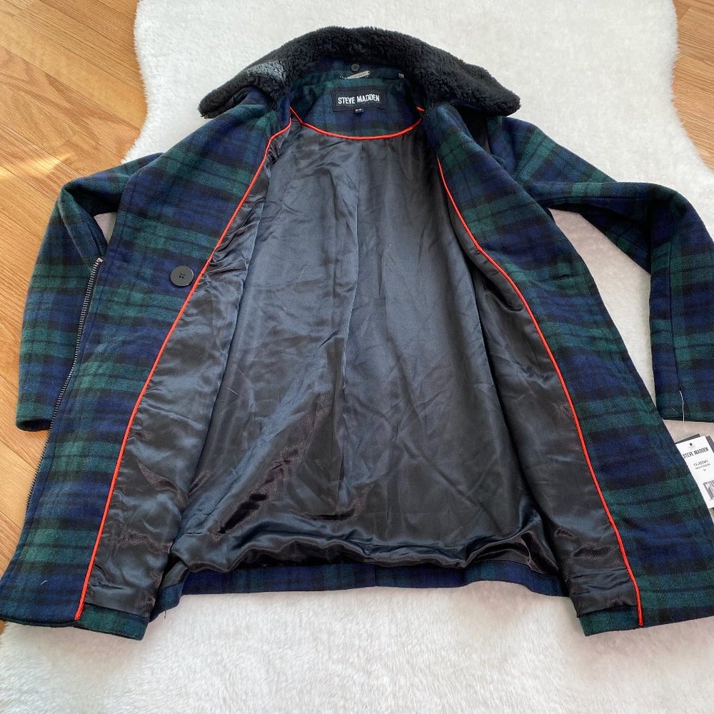 Steve Madden Women's Wool Blend Plaid Coat with Fur Trim, Green/Navy, Size M - Picture 10 of 10